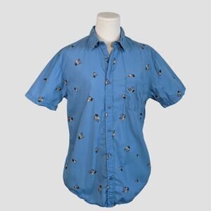 Short Sleeve Button Down Collared Blue Shirt All Over Pug Print Men’s Large